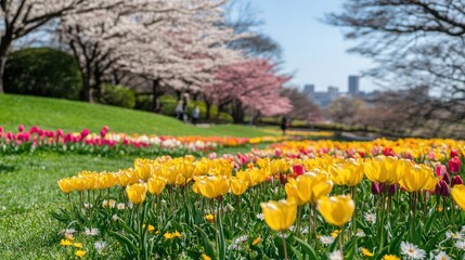 Yellow Tulips Bloom Brightly In Springtime Park