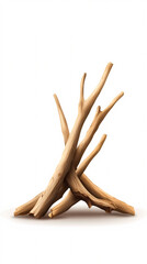 Explore the beauty of driftwood sculpting in a minimalist design showcasing natural textures. On white background