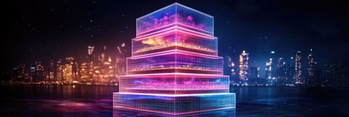 Fototapeta premium Futuristic vertical farm hologram at night with cityscape