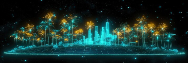 Fototapeta premium Futuristic neon cityscape with digital trees and fireworks in space
