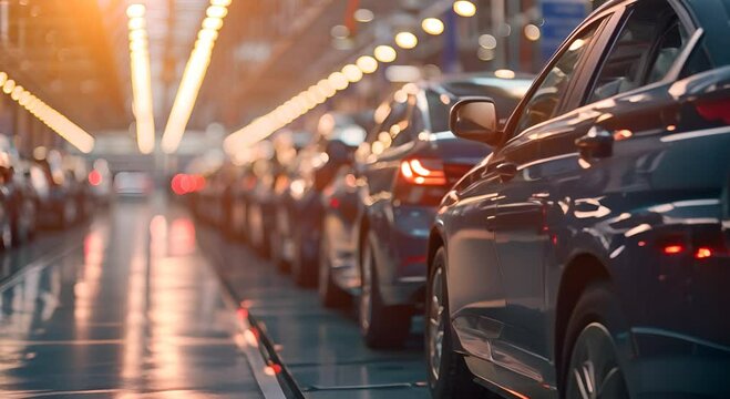 Cars in production factory, mass production
