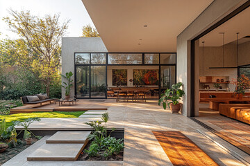 Modern Home Exterior Patio Design with Lush Greenery