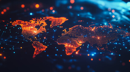 abstract business connection of line from nail node to node on world map background Innovation network points Earth's surface