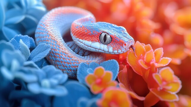 Vibrant blue and orange snake amidst colorful floral background