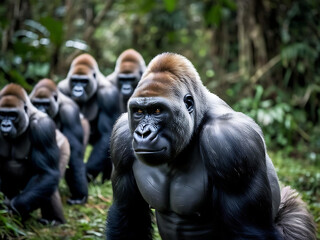 Obraz premium Muscle gorilla family in dense jungle wildlife photography natural habitat close-up perspective