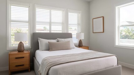 Fototapeta premium Serene bedroom design modern home interior photography gray tones and soft textures bright and inviting atmosphere relaxing concept