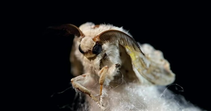 Mulberry silk moth - Bombyx emerging from its cocoon, close-up, detail