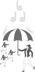 Providing shelter and protection, security and protection, insurance and support in business or career development, help and support from giants, giants with umbrellas for a group of small businesswom