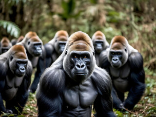 Obraz premium Mighty muscle gorilla group charging in rainforest nature photography wildlife dynamic perspective power of strength
