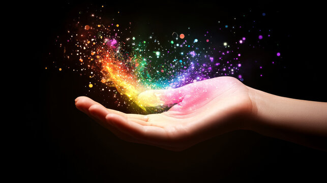 In shadowy setting, open hand emits glowing rainbow of colors, creating magical and vibrant atmosphere