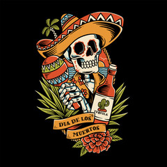 mexican sugar skull illustration with mexico hat, ocean vibes, vintage sugar skull illustration, vintage skull apparel design