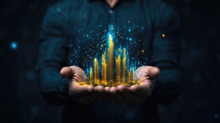 Man holding glowing cityscape hologram in hands