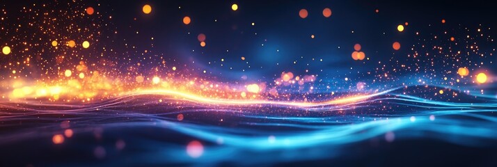 Fototapeta premium Magical sparkling light waves on dark background with glowing particles. Merry Christmas. Happy New Year.