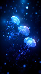 Naklejka premium Three luminous jellyfish glide gracefully through an enchanting deep ocean creating a magical underwater scene.