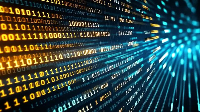 Abstract digital background featuring glowing binary code in vibrant blue and orange hues, ideal for technology and data themes.