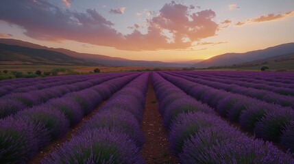 Fototapeta premium Lavender Field at Sunset with Rolling Hills in the Distance