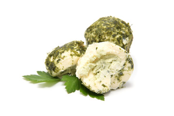 Fresh cheese ball mould or mustiness in spring onion and basil closed up isolated on white