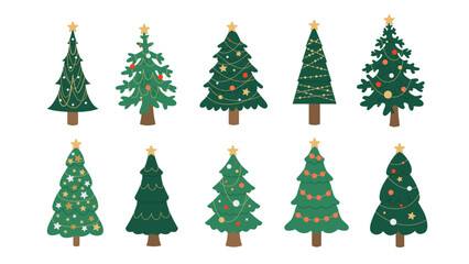 Set of Christmas trees with different decorations. Evergreen forest. Holiday design for cards, banners, packaging and textiles. Traditional symbol of Christmas and New Year. Vector illustration.