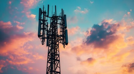 Silhouetted Telecommunications Tower Against a Vibrant Sunset Sky with Colorful Clouds and Dramatic Lighting for Connectivity and Technology Themes