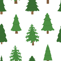 Endless seamless pattern with different fir trees. Evergreen forest. Stylized design for packaging and textiles. Traditional symbol of Christmas and New Year. Vector illustration.