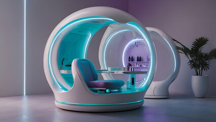 Beauty Care Cabin: A high-tech beauty care cabin designed for personalized treatments and relaxation. The futuristic pod features glowing lights and a sleek, ergonomic design, offering a comfortable e