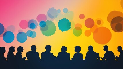 Silhouetted business team meeting colorful background