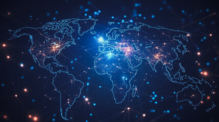 abstract business connection of line from nail node to node on world map background Innovation network points Earth's surface