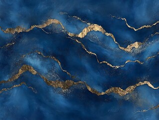 Abstract blue and gold fluid art design featuring flowing lines and shimmering accents creating a luxurious and elegant artistic composition for modern decor.