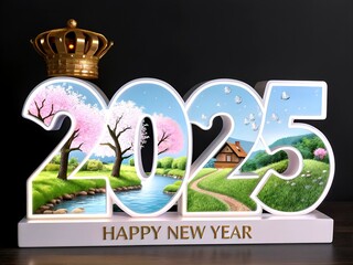 A vibrant and festive scene celebrates the arrival of 2025 with the bold text "HAPPY NEW YEAR 2025" glowing in radiant, multicolored neon lights.(AI generate)
