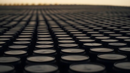 Fototapeta premium Oil barrels stacked in rows, symbolizing the global reliance on fossil fuels and the need for sustainable energy solutions.