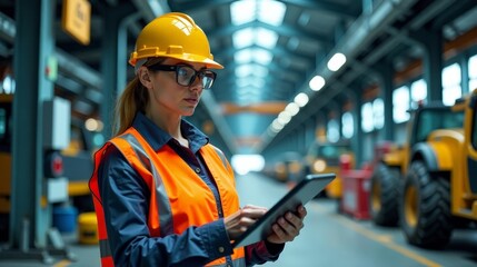 Female Construction Worker in Safety Gear Using Tablet in Industrial Environment