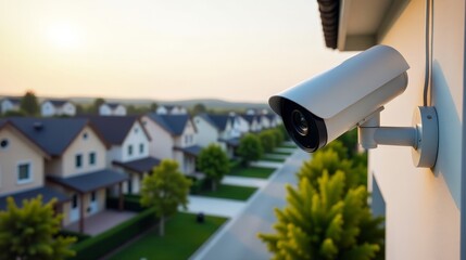 Modern security camera overlooking suburban homes in evening light for safety