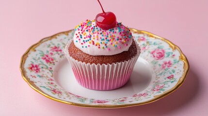 A close-up of a colorful cupcake topped with sprinkles and a cherry, placed on a delicate plate