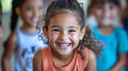 Fototapeta premium A young girl smiles happily as she looks at the camera.