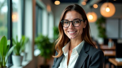 Confident business professional woman smiling in a modern office environment