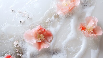Fototapeta premium Delicate Pink Blossoms Floating in Creamy White Foam