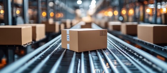 Cardboard box moving on a conveyor belt in a warehouse.