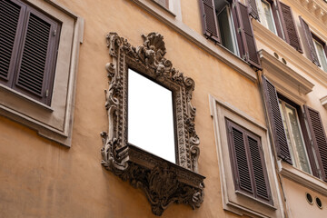 Building architecture on old street in Rome. window with white screen mock up.
