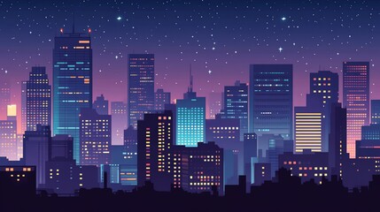 A night cityscape with bright lights and a starry sky.