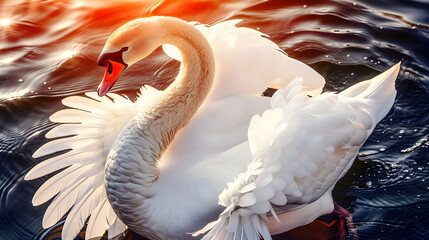 Obraz premium A graceful white swan with long neck glides across the serene lake, its feathers glistening in the sunlight