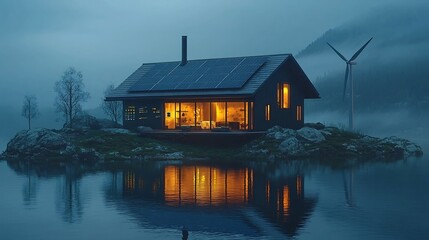 Fototapeta premium Cozy Off Grid Smart Cottage Powered by Renewable Energy Amid Serene Lake Landscape