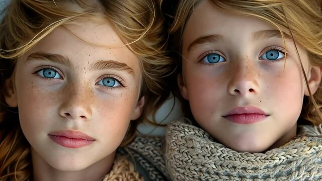 Identical twins with striking blue eyes and freckled skin share a cozy moment indoors wrapped in warm scarves