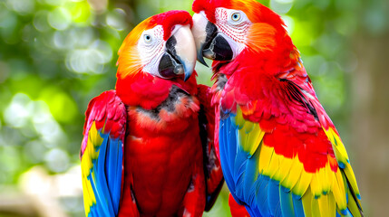 Naklejka premium A bright scarlet macaw with long, colorful feathers perches on a branch, showcasing its vibrant plumage against a backdrop of lush green foliage