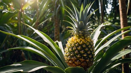 Obraz premium A single ripe pineapple growing in a tropical jungle with sunlight shining through the leaves.