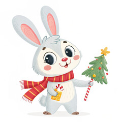 Cute cartoon bunny with Christmas tree