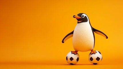 Fototapeta premium A cute penguin stands on two soccer balls against an orange background.