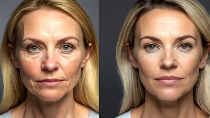 Woman face before and after wrinkles treatment - cosmetically improve appearance options like botox and fillers to get rid of wrinkles or fine lines