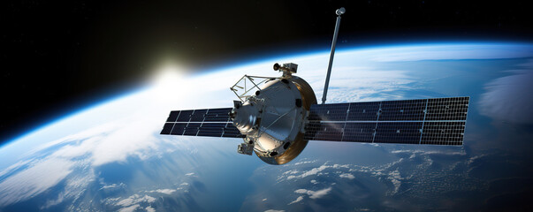 Exploration satellite orbits Earth during sunrise, capturing stunning view of planet's horizon and atmosphere