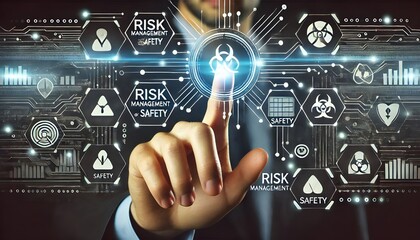 Fototapeta premium Hand interacting with futuristic digital icons representing risk management and safety on a dark background.
