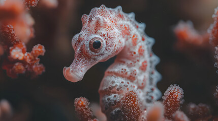 Colorful Small Seahorse Swimming in Vibrant Coral Reef Underwater Ecosystem